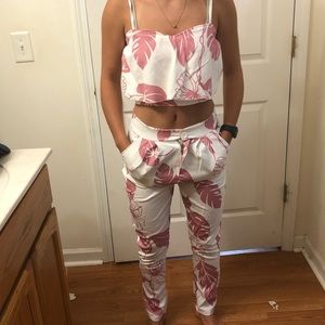 Pink Two piece outfits with crop top and pants
